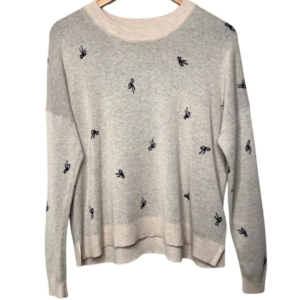 Madewell Bow‎ Jacquard Gray Knit Pullover Sweater Crewneck Long Sleeve Women's S